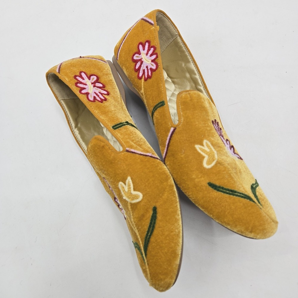 Birdies The Starling Shoes Size 10 Ocher Yellow Embroidered Velvet Flowers Flats - Picture 5 of 12
